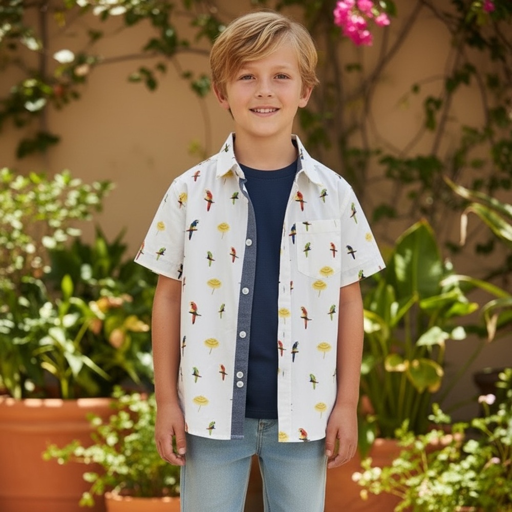 Free Planet‎ White Shirt with Colorful Parrot Print